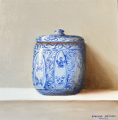 Azul y Blanco, Tarro 2, Oleo sobre tabla, Medidas 15,5 x 15,5 cm.