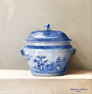 Azul y Blanco, Tarro, Oleo sobre tabla, Medidas 15,5 x 15,5 cm.