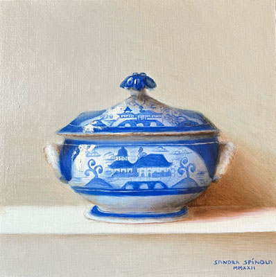 Azul y Blanco, Sopera 2, Oleo sobre tabla, Medidas 15,5 x 15,5 cm.
