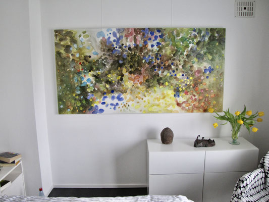 Laten we de hond onder de appelboom begraven. Aquarel op doek. 200 x 100 cm ( verkocht)