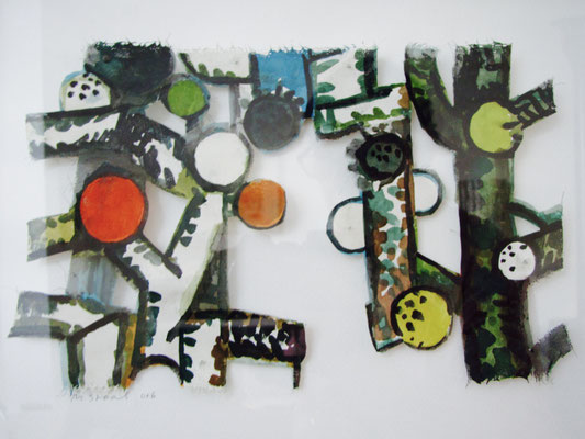 Tussen de bomen  20 x 15 cm. Cut out katoen en aquarelverf