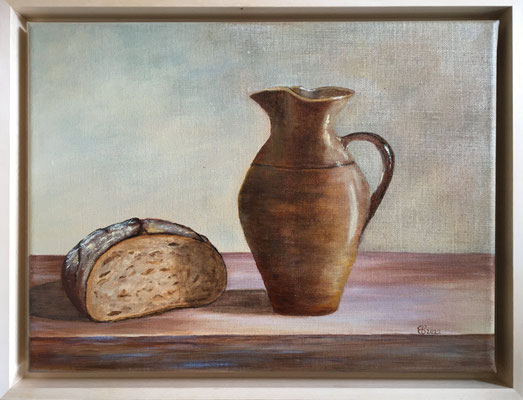 fertiggestellt 2022 - Titel: Brot und Krug - Format 44 x 34 cm mit Schattenfugenrahmen - Acryl und Öl auf Leinwand - Preis 170,00 €