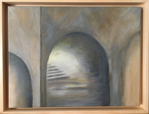 fertiggestellt 2022 - Titel: Bogengänge - Format: 44 x 34 cm mit Schattenfugenrahmen - Acryl auf Leinwand - verkauft