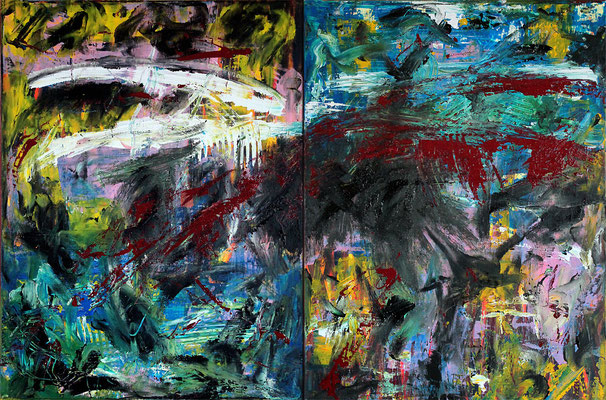 Alles in Ordnung! | 2015 | Acrylic, lacquer and bitumen on canvas | Diptych, 65 x 99 cm | 25.6"x39"
