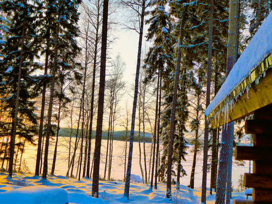 Genießen Sie aus der Sauna die Winterlandschaft am gefrorenen See beim Abendrot