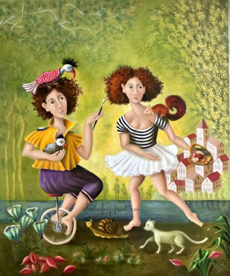215 - 10F 55x46cm L'ARTISTE , huile sur toile de lin CHRISTINE FRAGA FRENOT ART NAIF