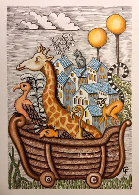 DESSIN ART NAÏF ENCRES ET CRAYONS DE COULEUR SUR PAPIER AQUARELLE CHRISTINE FRAGA FRENOT