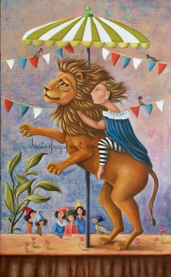 228 - CARROUSEL LION , huile sur toile CHRISTINE FRAGA FRENOT ART NAIF