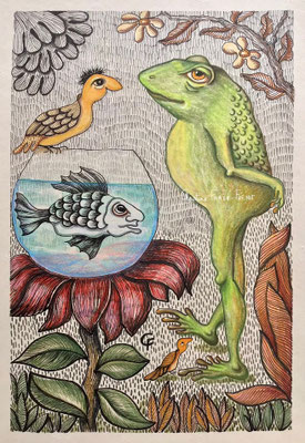 DESSIN ART NAÏF ENCRES ET CRAYONS DE COULEUR SUR PAPIER AQUARELLE CHRISTINE FRAGA FRENOT