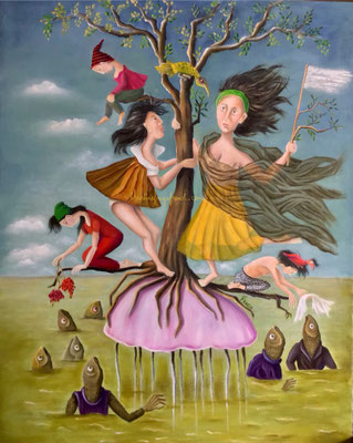 224 - 25F LA MÉDUSE  , huile sur toile CHRISTINE FRAGA FRENOT ART NAIF
