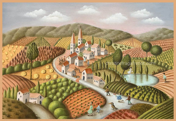 241 - 38x55cm PAYSAGE BOCAGES CHRISTINE FRAGA FRENOT ART NAIF