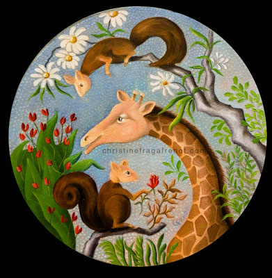 217 rond 30cm LA GIRAFE CHRISTINE FRAGA FRENOT ART NAIF format rond tableau peinture à l'huile sur toile une girafe et deux écureuils
