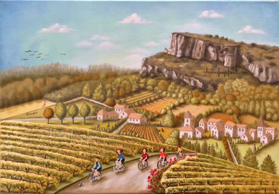 PEINTURE À L'HUILE PAYSAGE LA ROCHE DE SOLUTRÉ CHRISTINE FRAGA FRENOT ART NAIF