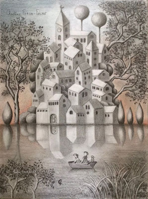 DESSIN ART NAÏF ENCRES ET CRAYONS DE COULEUR SUR PAPIER AQUARELLE CHRISTINE FRAGA FRENOT