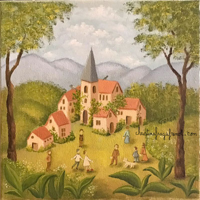 20C-3 PAYSAGE PECHEURS tableau peinture à l'huile CHRISTINE FRAGA FRENOT ART NAIF