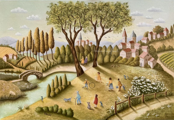 PAYSAGE BUCOLIQUE HUILE SUR TOILE DE LIN CHRISTINE FRAGA FRENOT ART NAIF