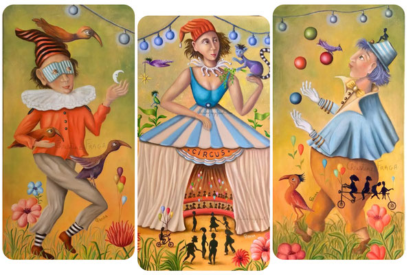 225 - triptyque LE CIRQUE , huile sur toile CHRISTINE FRAGA FRENOT ART NAIF