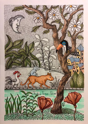 DESSIN ART NAÏF ENCRES ET CRAYONS DE COULEUR SUR PAPIER AQUARELLE CHRISTINE FRAGA FRENOT