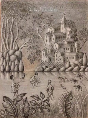 DESSIN ART NAÏF ENCRES ET CRAYONS DE COULEUR SUR PAPIER AQUARELLE CHRISTINE FRAGA FRENOT