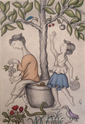 dessin sur papier aquarelle CHRISTINE FRAGA FRENOT ART NAIF feutres Micron encre de Chine et crayons de couleur Caran d'Ache Luminance