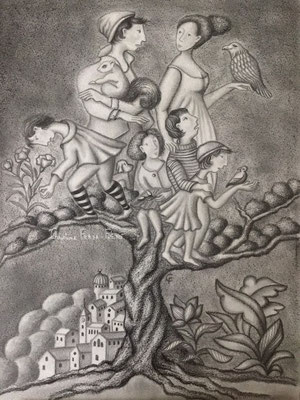 DESSIN ART NAÏF ENCRES ET CRAYONS DE COULEUR SUR PAPIER AQUARELLE CHRISTINE FRAGA FRENOT