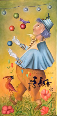 225 - JONGLEUR triptyque LE CIRQUE , huile sur toile CHRISTINE FRAGA FRENOT ART NAIF