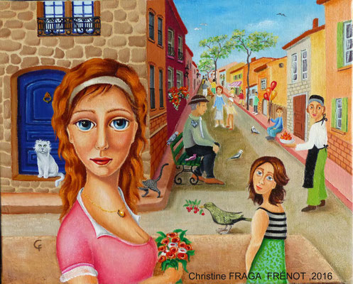 84- CENTRE VILLE 41X33CM CHRISTINE FRAGA FRENOT ART NAIF tableau peinture à l'huile sur toile 