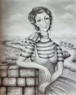 1-FEMME AU FOULARD dessin sur papier aquarelle CHRISTINE FRAGA FRENOT ART NAIF crayons graphite