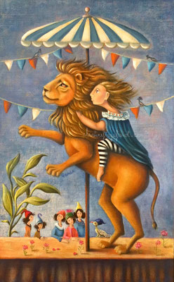 228 12M CARROUSEL LION CHRISTINE FRAGA FRENOT ART NAIF CHRISTINE FRAGA FRENOT ART NAIF tableau peinture à l'huile sur toile 