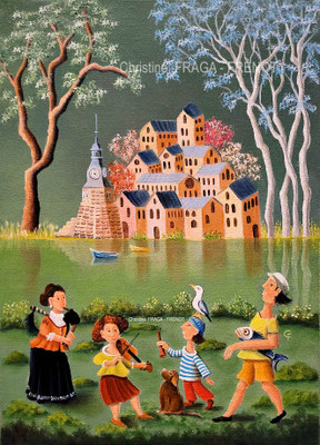 177 MUSIQUE CELTIQUE 4F huile/toile CHRISTINE FRAGA FRENOT ART NAIF