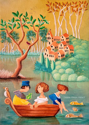179 LA GRENOUILLE 4F huile/toile CHRISTINE FRAGA FRENOT ART NAIF