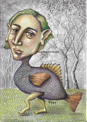 DESSIN ART NAÏF ENCRES ET CRAYONS DE COULEUR SUR PAPIER AQUARELLE CHRISTINE FRAGA FRENOT
