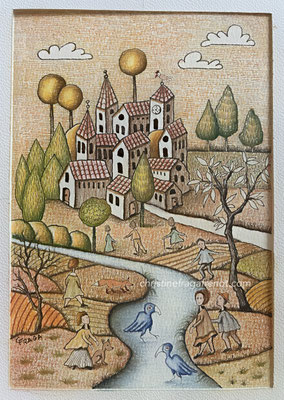 dessin original format A5 sur papier A4 - crayons de couleur Luminance de Caran d'Ache CHRISTINE FRAGA FRENOT ART NAIF