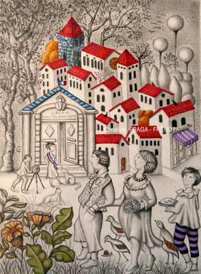 dessin sur papier aquarelle CHRISTINE FRAGA FRENOT ART NAIF feutres Micron encre de Chine et crayons de couleur Caran d'Ache Luminance