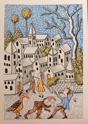 DESSIN ART NAÏF ENCRES ET CRAYONS DE COULEUR SUR PAPIER AQUARELLE CHRISTINE FRAGA FRENOT