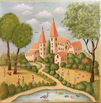 20C-4 PAYSAGE PECHEURS tableau peinture à l'huile CHRISTINE FRAGA FRENOT ART NAIF
