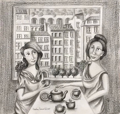 8- FEMME THÉ À LYON dessin sur papier aquarelle CHRISTINE FRAGA FRENOT ART NAIF crayons graphite