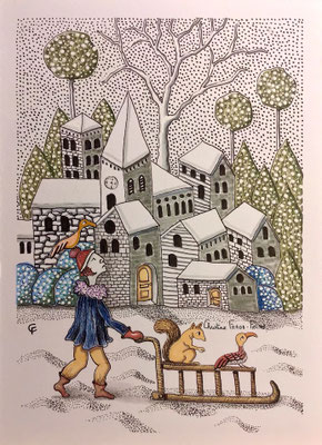 DESSIN ART NAÏF ENCRES ET CRAYONS DE COULEUR SUR PAPIER AQUARELLE CHRISTINE FRAGA FRENOT
