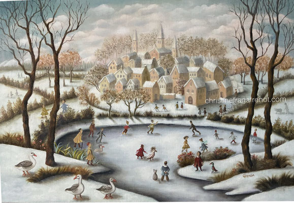 PAYSAGE EN HIVER HUILE SUR TOILE DE LIN CHRISTINE FRAGA FRENOT ART NAIF