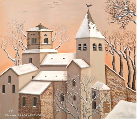 PEINTURE À L'HUILE CHATILLON SUR SEINE SOUS LA NEIGE CHRISTINE FRAGA FRENOT ART NAIF