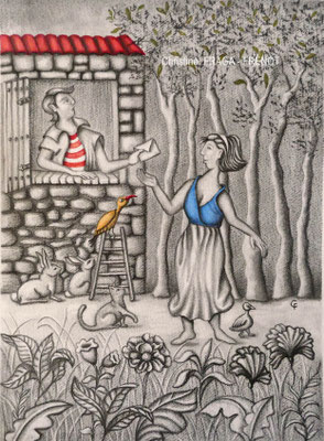 dessin sur papier aquarelle CHRISTINE FRAGA FRENOT ART NAIF feutres Micron encre de Chine et crayons de couleur Caran d'Ache Luminance