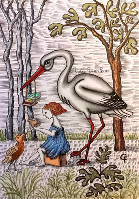 DESSIN ART NAÏF ENCRES ET CRAYONS DE COULEUR SUR PAPIER AQUARELLE CHRISTINE FRAGA FRENOT