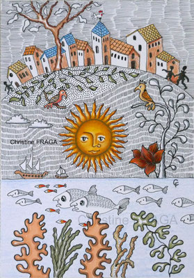 DESSIN ART NAÏF ENCRES ET CRAYONS DE COULEUR SUR PAPIER AQUARELLE CHRISTINE FRAGA FRENOT