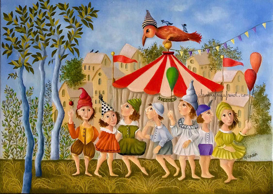 229 - 8P ENFANTS DU CIRQUE , huile sur toile CHRISTINE FRAGA FRENOT ART NAIF