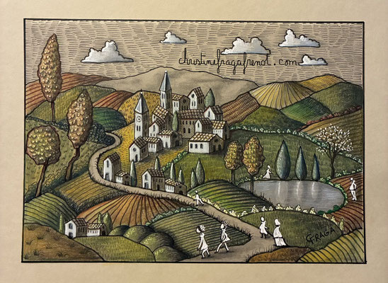 dessin original format A5 sur papier A4 - crayons de couleur Luminance de Caran d'Ache CHRISTINE FRAGA FRENOT ART NAIF