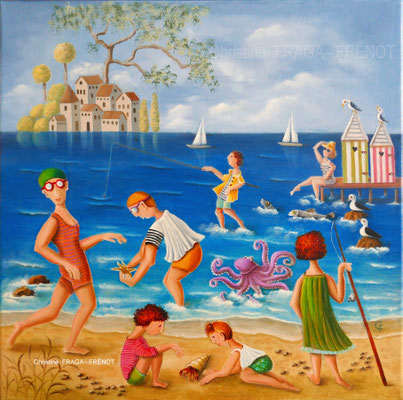 196- LE POULPE CHRISTINE FRAGA FRENOT ART NAIF tableau peinture à l'huile sur toile 