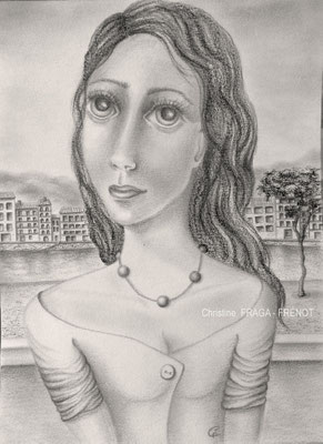3- FEMME QUAI DE SAONE dessin sur papier aquarelle CHRISTINE FRAGA FRENOT ART NAIF crayons graphite