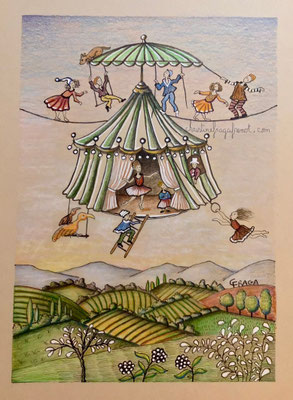 CIRQUE VOLANT dessin original format A5 sur papier A4 - crayons de couleur Luminance de Caran d'Ache CHRISTINE FRAGA FRENOT ART NAIF