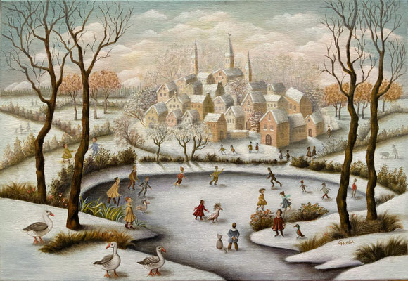 241 - 38x55cm PAYSAGE EN HIVER CHRISTINE FRAGA FRENOT ART NAIF
