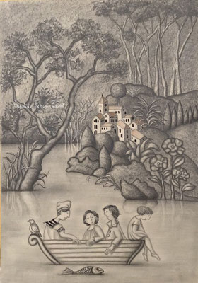 DESSIN ART NAÏF ENCRES ET CRAYONS DE COULEUR SUR PAPIER AQUARELLE CHRISTINE FRAGA FRENOT